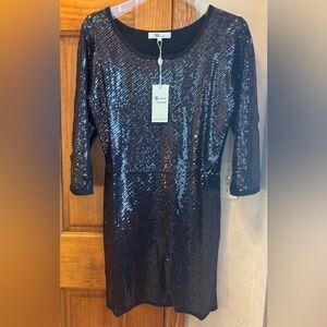 My Tribe BOUTIQUE NWT Sequin Cashmere Mini Sweater Dress Large BLACK